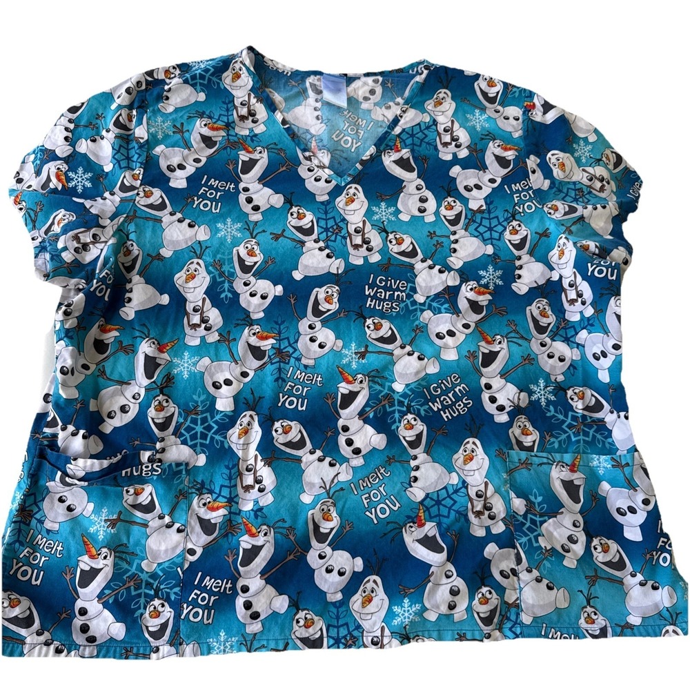 Disney Women's 3XL Scrub Top‎ Frozen Olaf I Melt For You I Give Warm Hugs Blue
